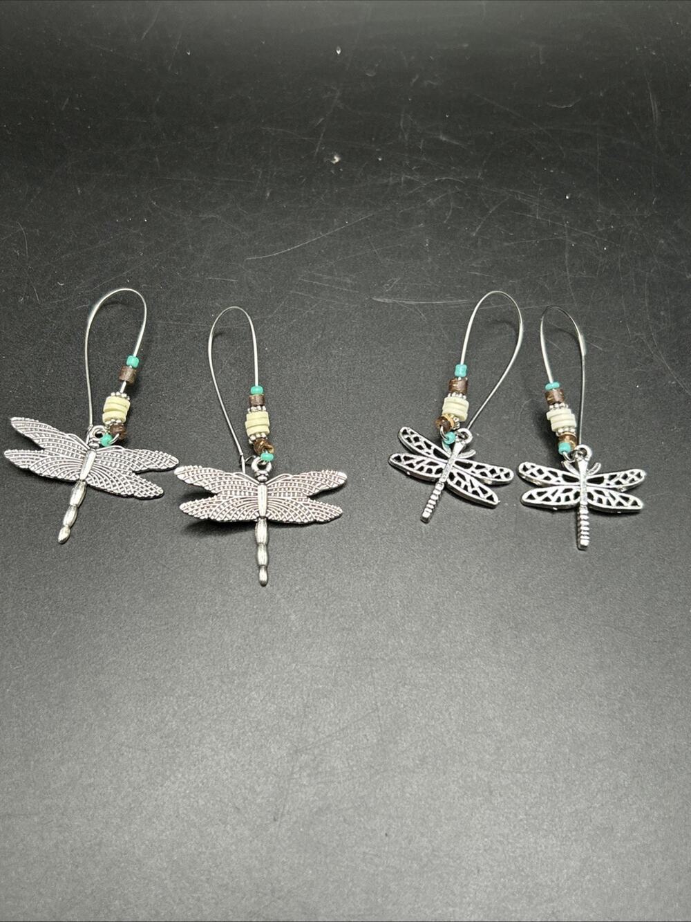2 Pair Boho Silver Plated Dragonfly Dangle Earrings